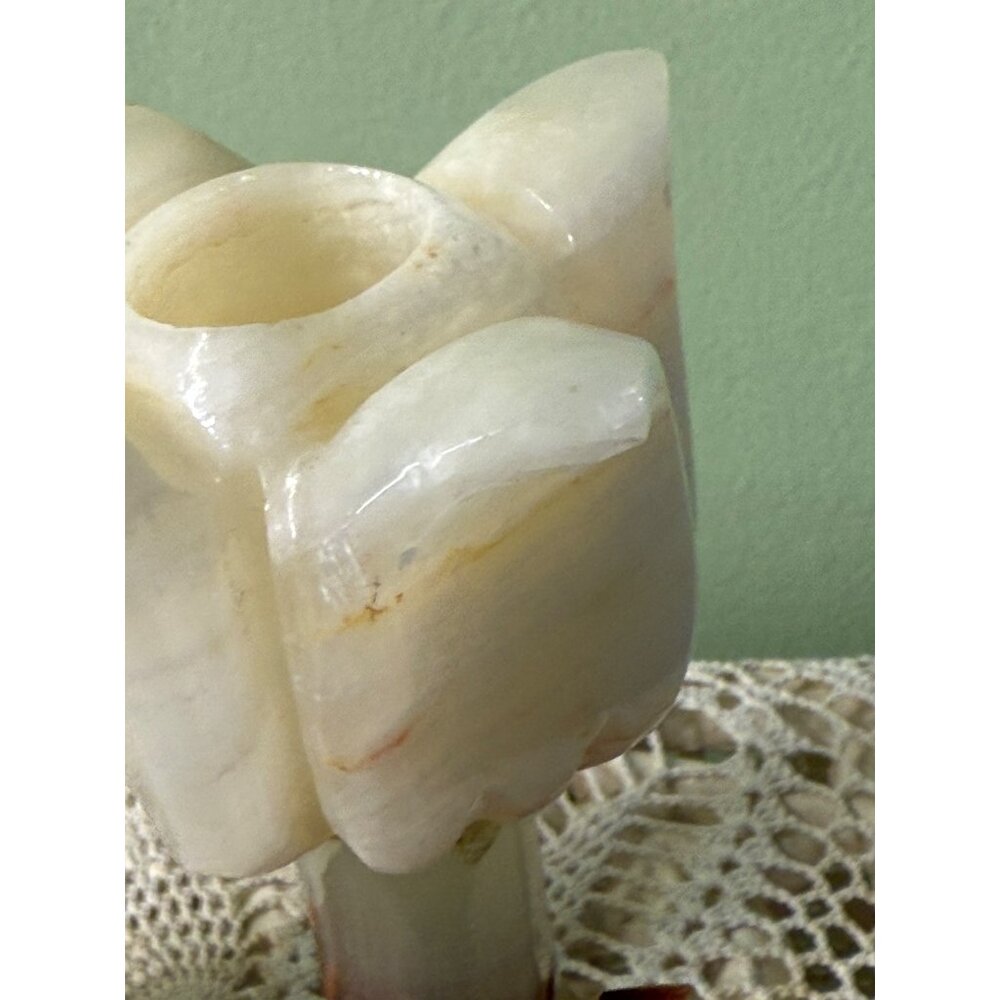 Vintage MCM Carved Onyx Flower Candle Stick Holders - Picture 4 of 16